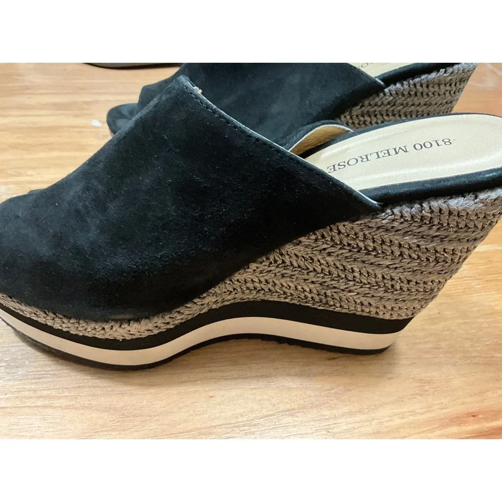 8100 Melrose Black Suede Wedge Sandals Platform Mules Made in Spain 39